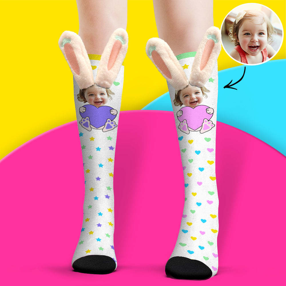 Custom Socks Knee High Face Socks 3D Plush Bunny Ears Socks - PhotoBoxer