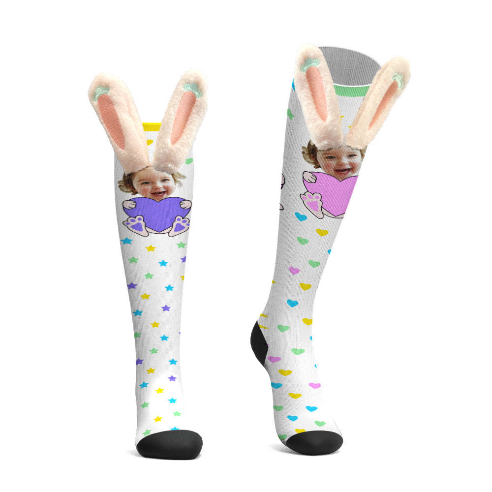 Custom Socks Knee High Face Socks 3D Plush Bunny Ears Socks - PhotoBoxer