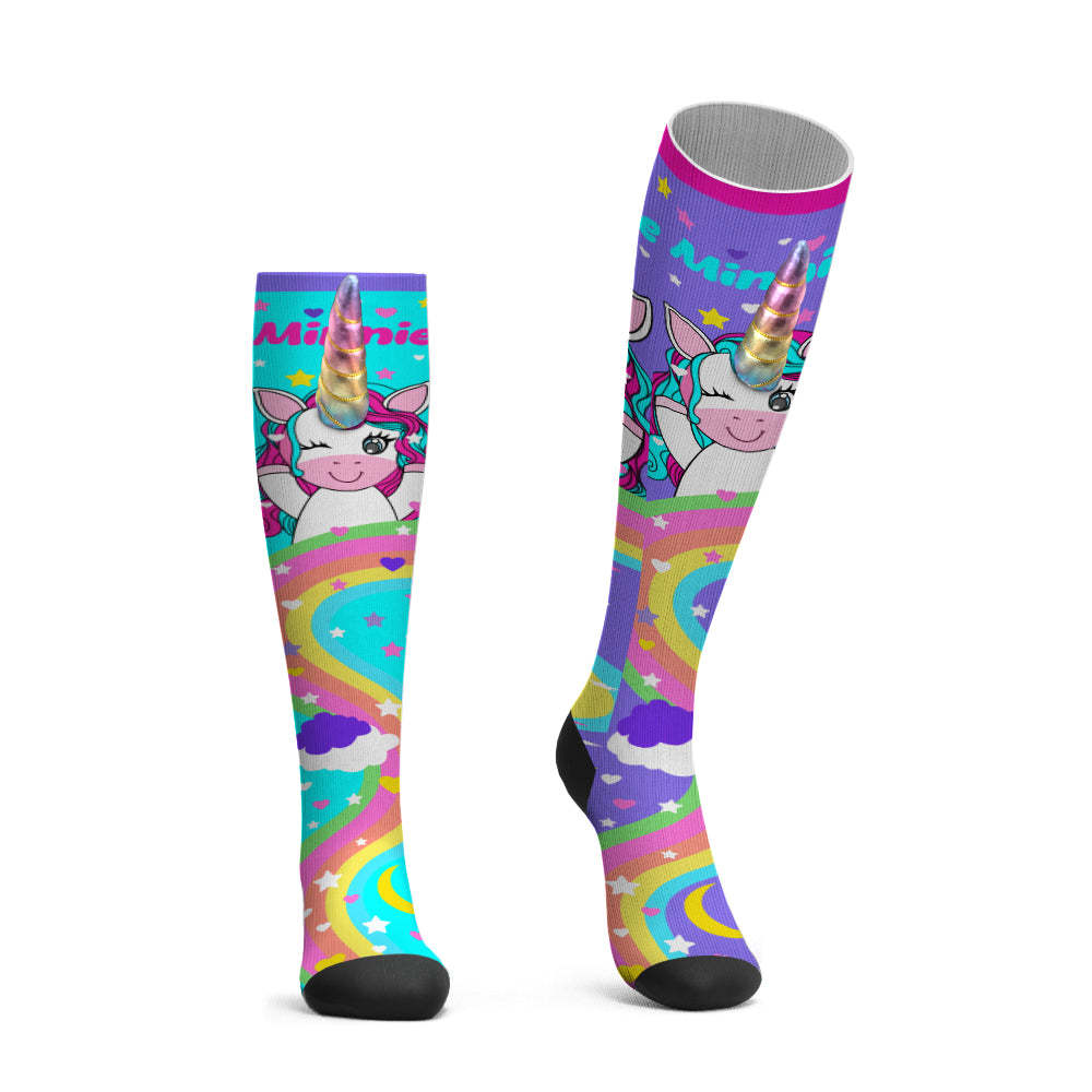 Custom Name Socks Knee High Socks 3D Unicorn Horn Cartoon Socks - PhotoBoxer