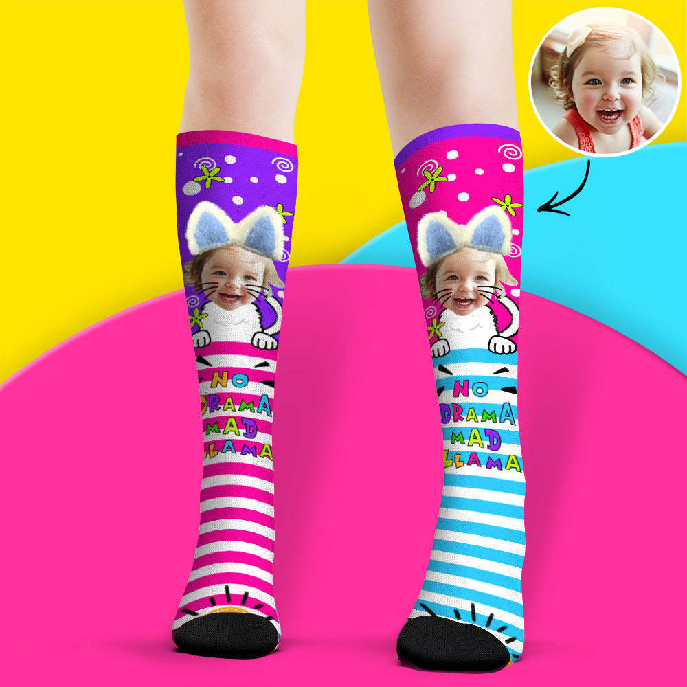 Custom Face Socks Knee High Socks 3D Cat Ear Cartoon Socks - PhotoBoxer