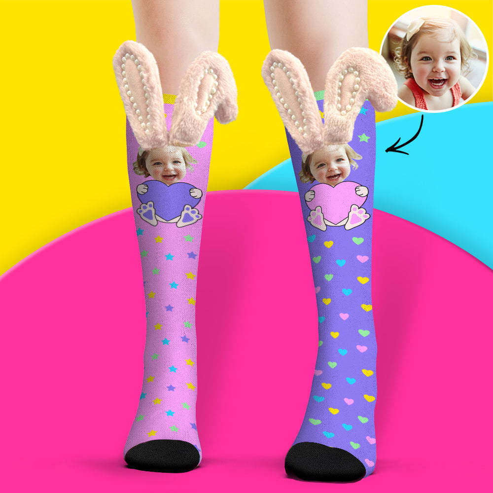 Custom Socks Knee High Face Socks 3D Bunny Ears with Pearls Socks - PhotoBoxer