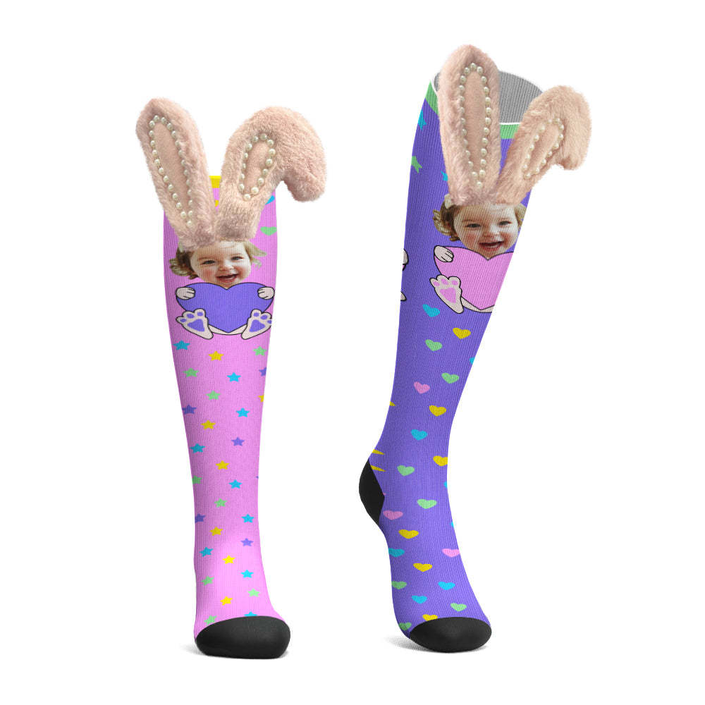 Custom Socks Knee High Face Socks 3D Bunny Ears with Pearls Socks - PhotoBoxer