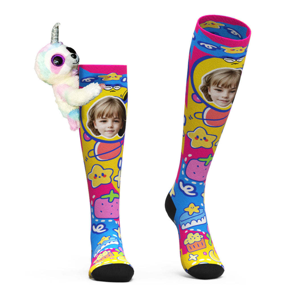Custom Socks Knee High Face Socks Sloth Doll Colorful Socks - PhotoBoxer