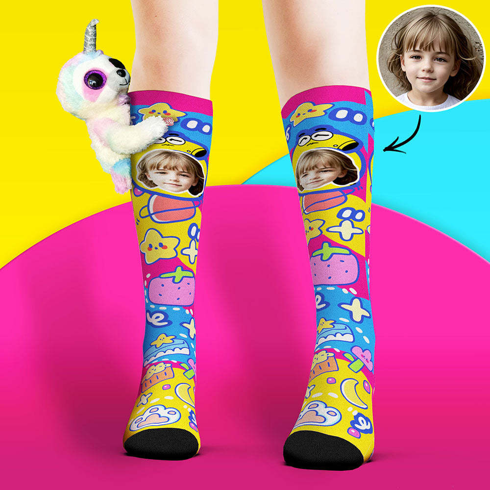 Custom Socks Knee High Face Socks Sloth Doll Colorful Socks - PhotoBoxer