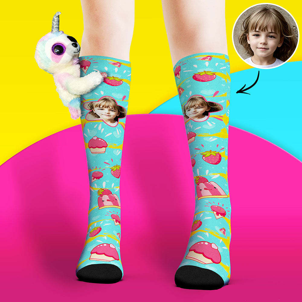 Custom Socks Knee High Face Socks Sloth Doll Pink Dessert Socks - PhotoBoxer