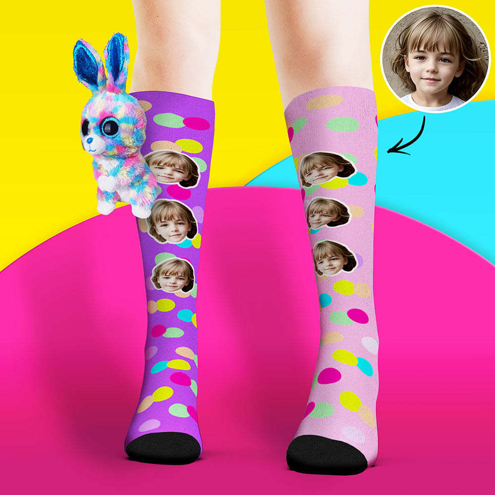 Custom Socks Knee High Face Socks Colorful Polka Dot Rabbit Doll Socks - PhotoBoxer