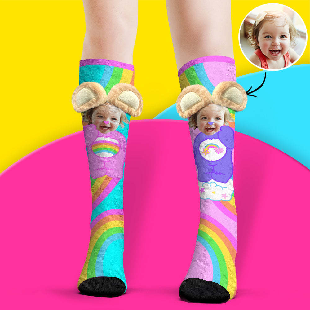 Custom Socks Knee High Face Socks 3D Plush Bear Ears Socks - PhotoBoxer