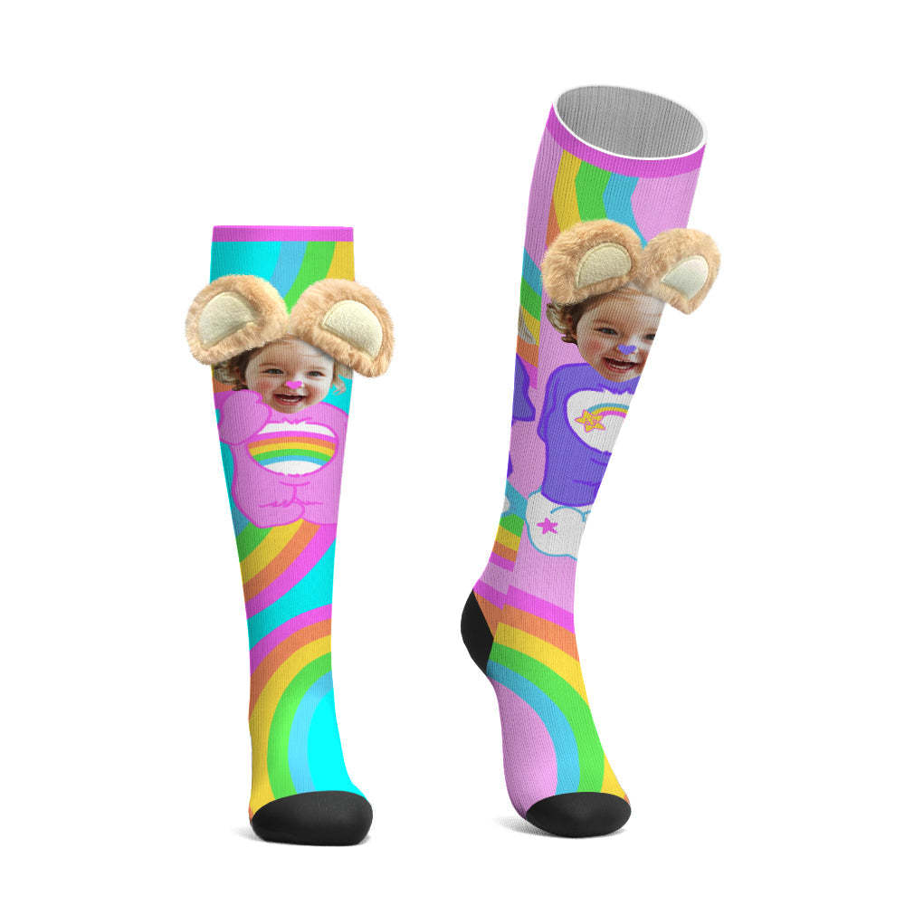 Custom Socks Knee High Face Socks 3D Plush Bear Ears Socks - PhotoBoxer