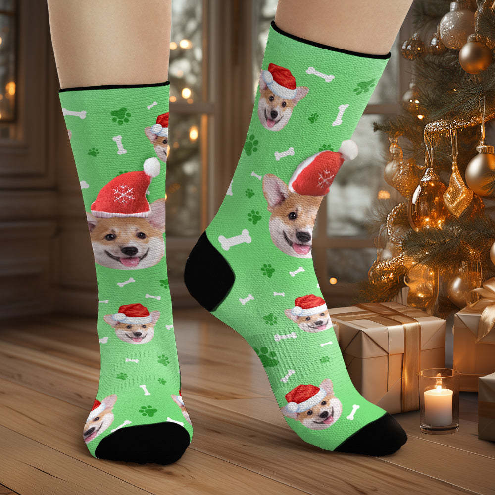 Custom Dog Face Socks Personalized 3D Santa Hat Socks Merry Christmas - PhotoBoxer