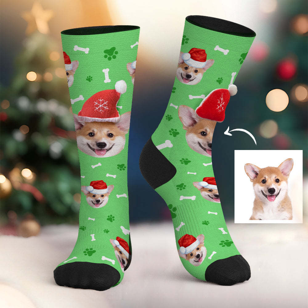 Custom Dog Face Socks Personalized 3D Santa Hat Socks Merry Christmas - PhotoBoxer