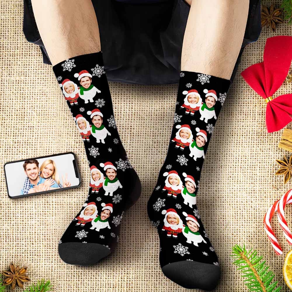 Custom Face Socks Personalized Christmas Shorts With Photo Santa and Snowman - PhotoBoxer