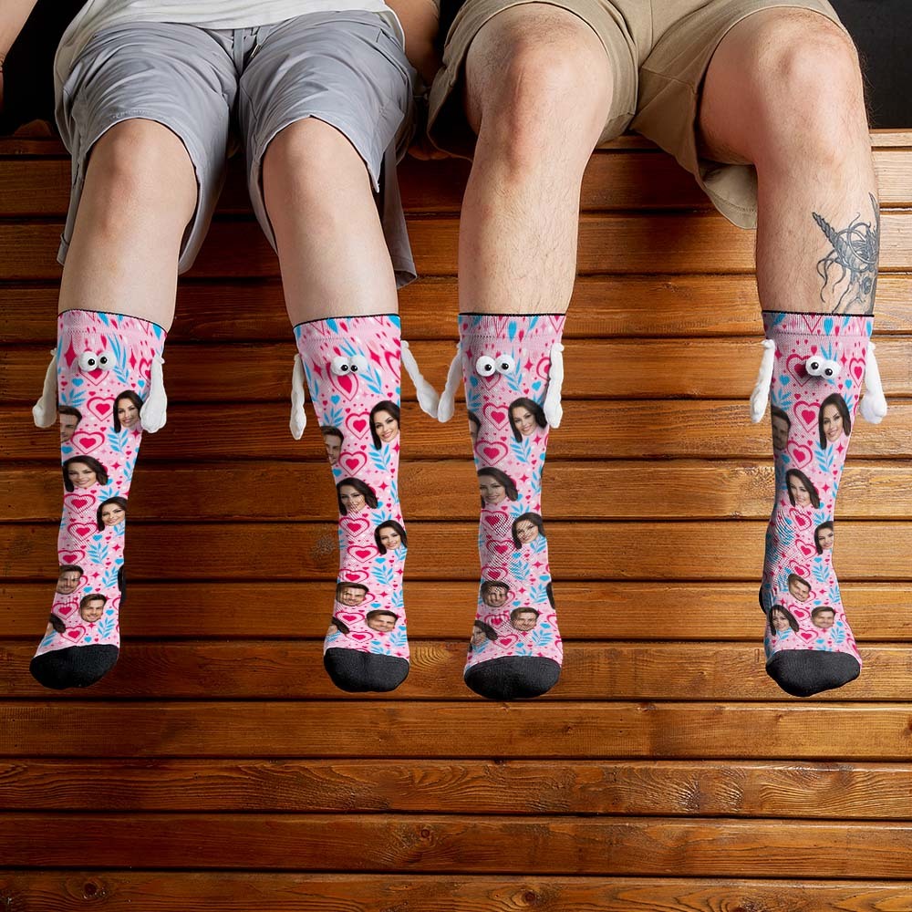 Custom Face Socks Funny Doll Mid Tube Socks Magnetic Holding Hands Socks Double Love Valentine's Day Gifts - PhotoBoxer
