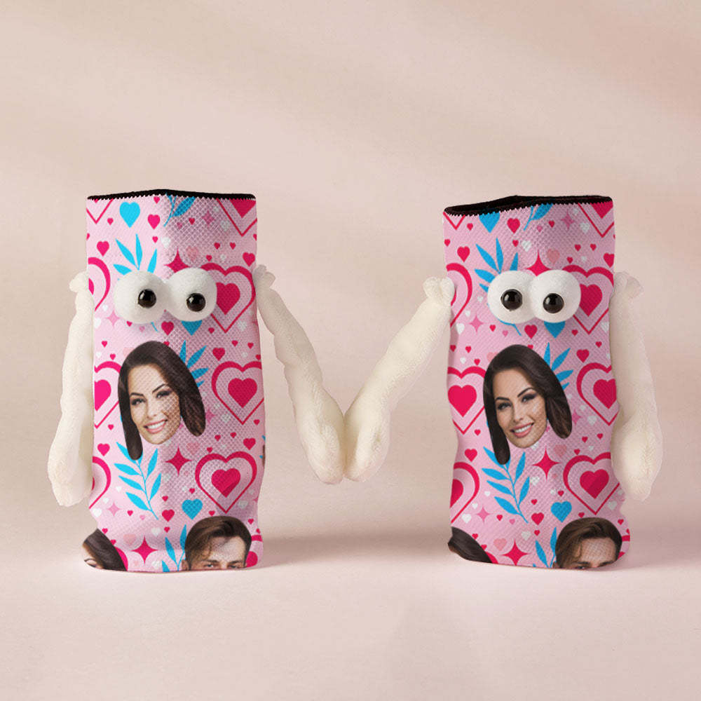 Custom Face Socks Funny Doll Mid Tube Socks Magnetic Holding Hands Socks Double Love Valentine's Day Gifts - PhotoBoxer