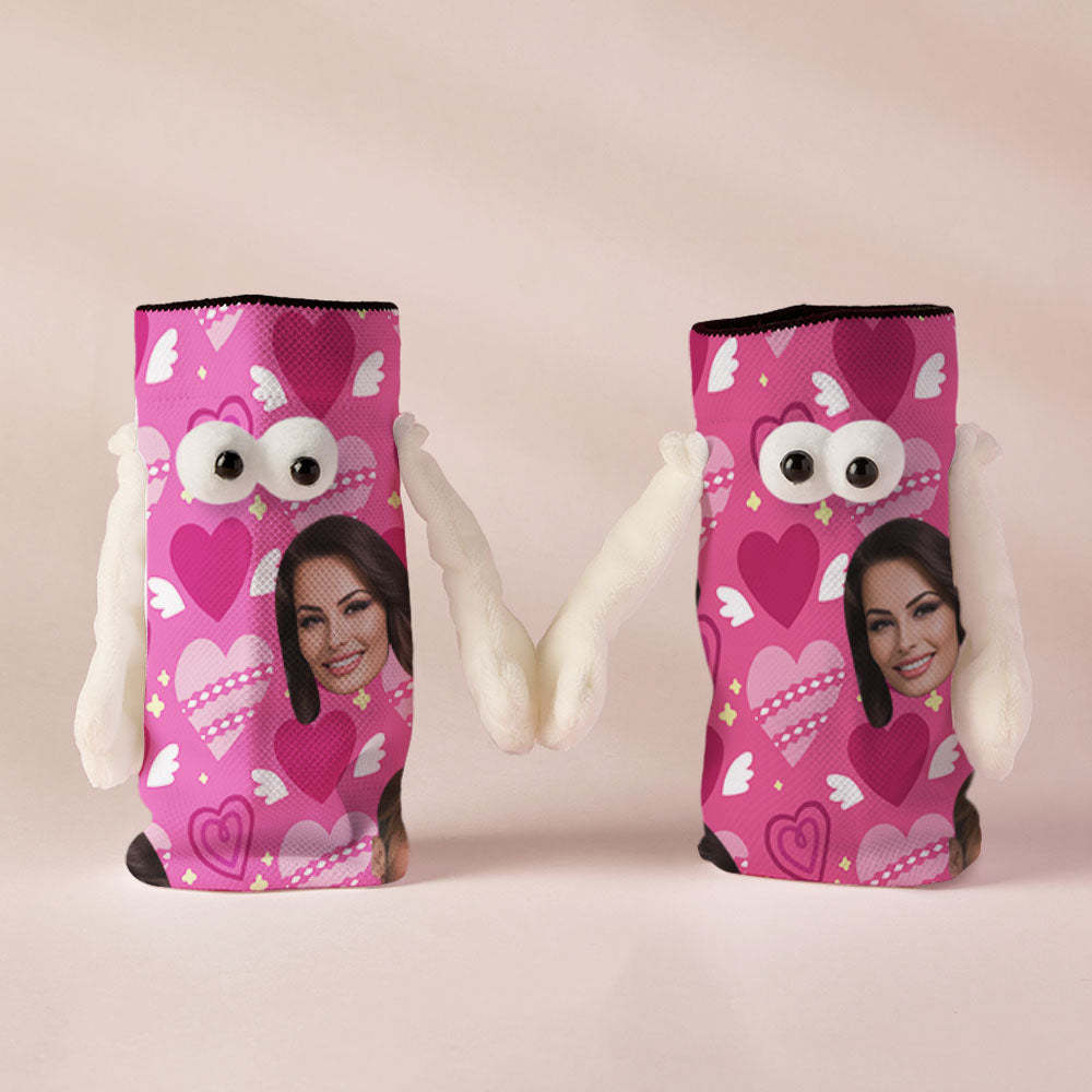 Custom Face Socks Funny Doll Mid Tube Socks Magnetic Holding Hands Socks Pink Heart Valentine's Day Gifts - PhotoBoxer