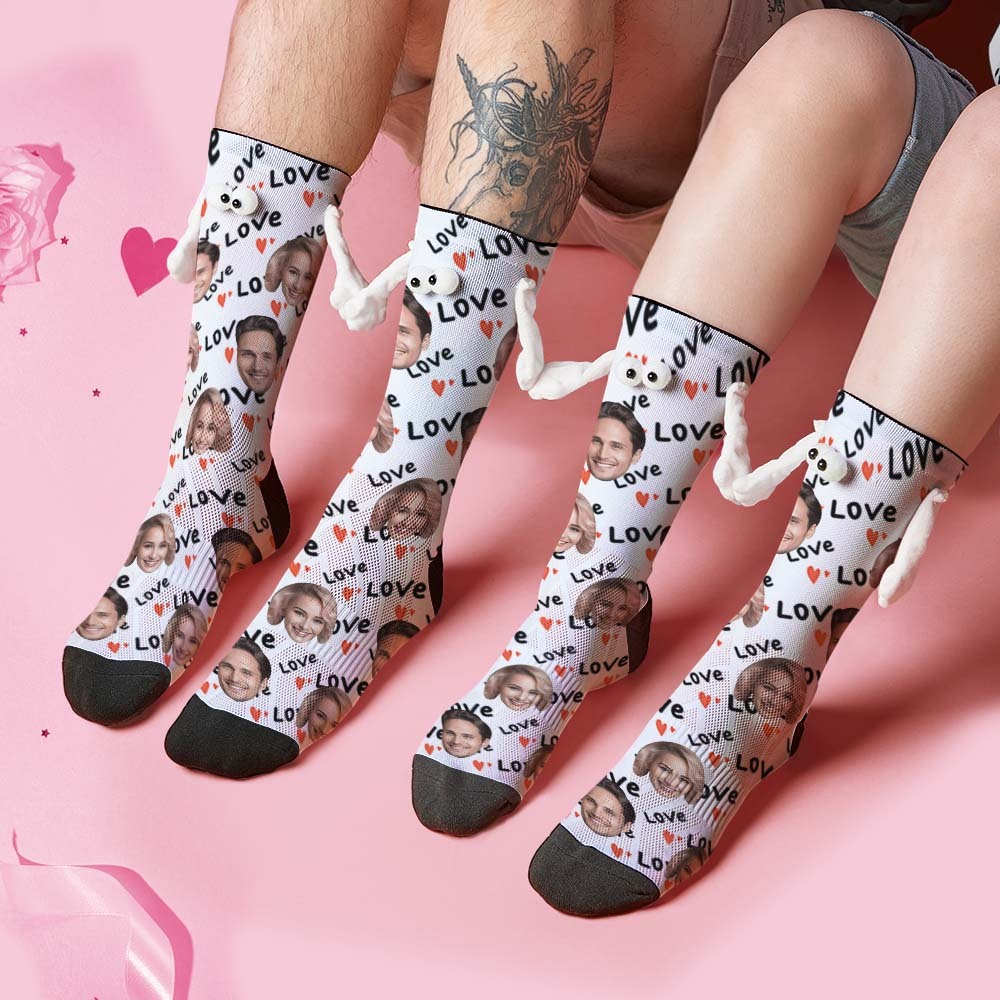Custom Face Socks Funny Doll Mid Tube Socks Magnetic Holding Hands Socks Love Valentine's Day Gifts - PhotoBoxer