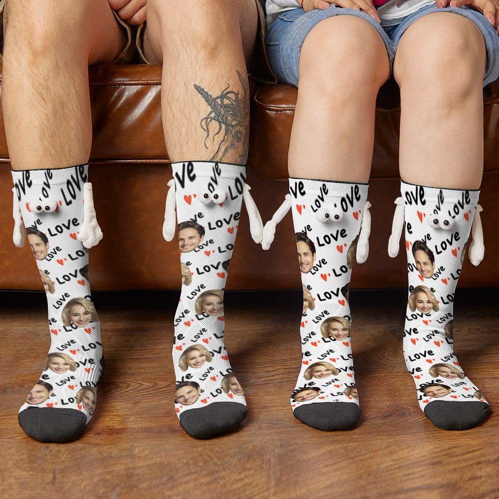 Custom Face Socks Funny Doll Mid Tube Socks Magnetic Holding Hands Socks Love Valentine's Day Gifts - PhotoBoxer