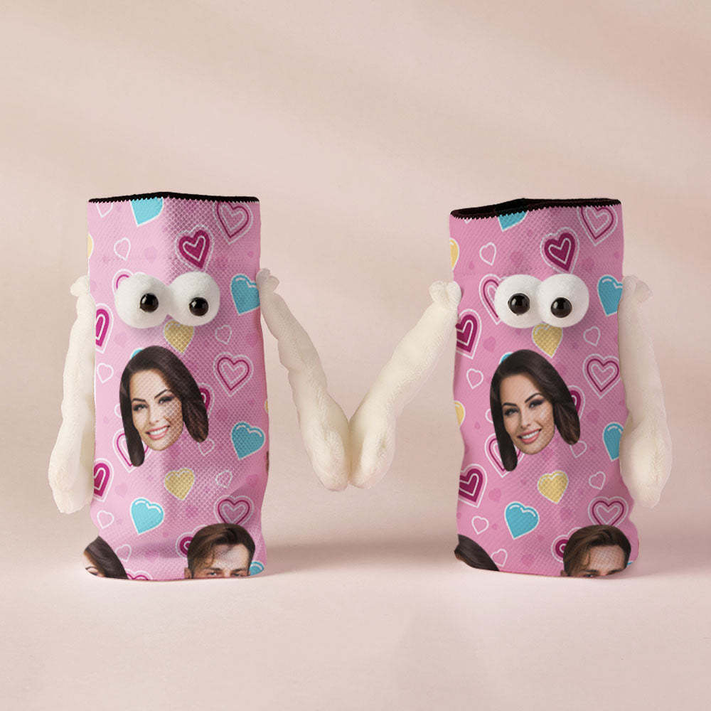 Custom Face Socks Funny Doll Mid Tube Pink Socks Magnetic Holding Hands Socks Valentine's Day Gifts - PhotoBoxer