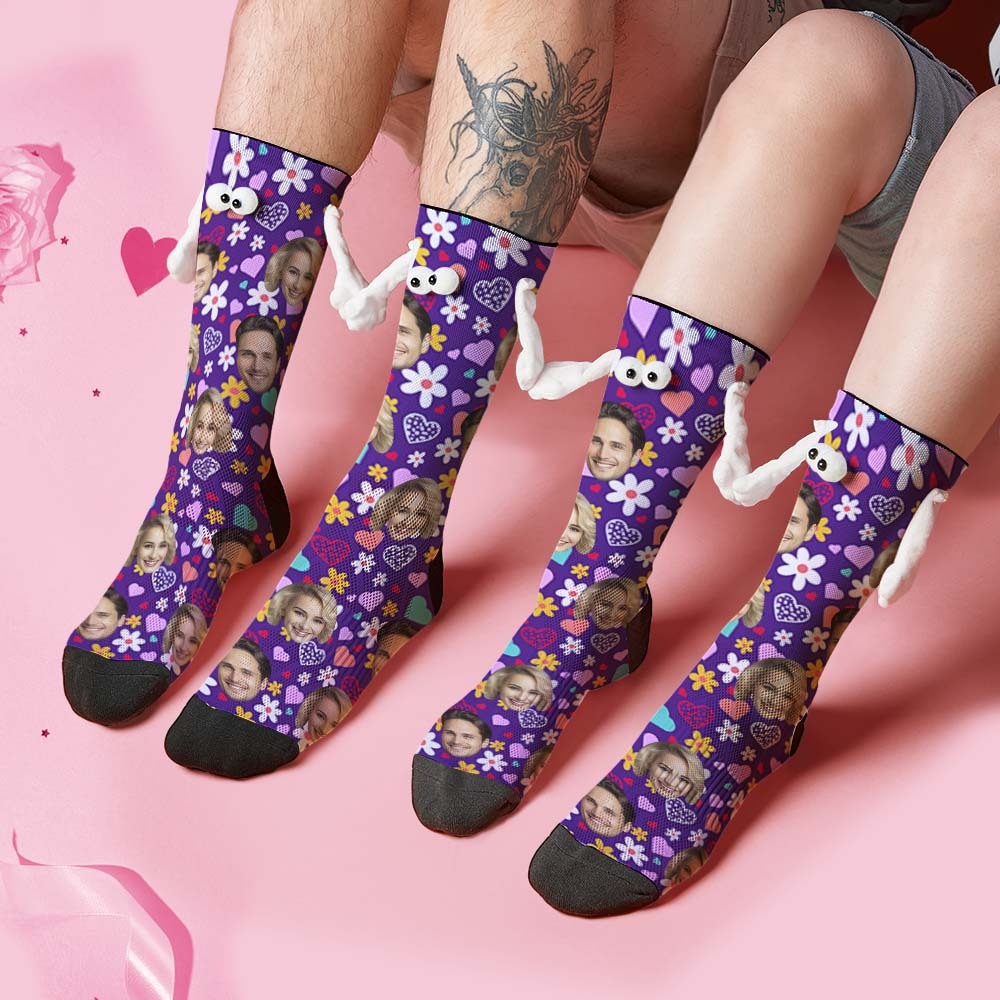Custom Face Socks Funny Doll Mid Tube Purple Socks Magnetic Holding Hands Socks Little Daisy Valentine's Day Gifts - PhotoBoxer