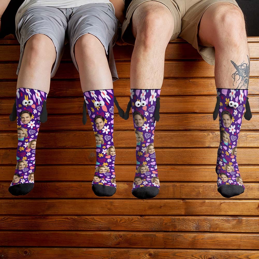 Custom Face Socks Funny Doll Mid Tube Purple Socks Magnetic Holding Hands Socks Little Daisy Valentine's Day Gifts - PhotoBoxer