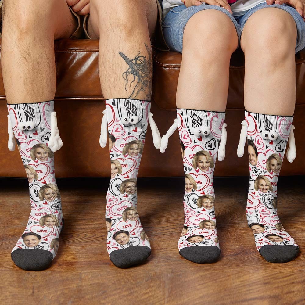 Custom Face Socks Funny Doll Mid Tube Socks Magnetic Holding Hands Socks Miss You Valentine's Day Gifts - PhotoBoxer