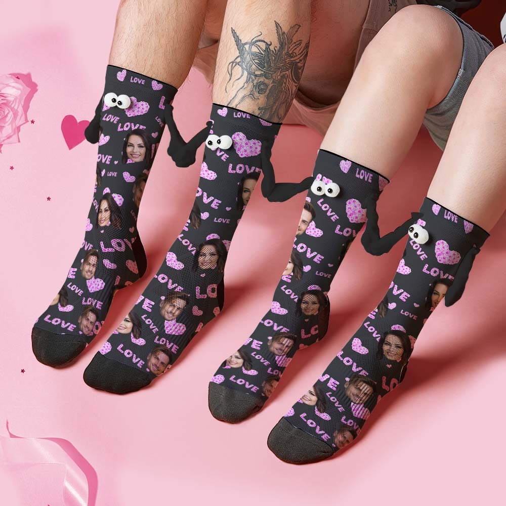 Custom Face Socks Funny Doll Mid Tube Black Socks Magnetic Holding Hands Socks Pink Love Valentine's Day Gifts - PhotoBoxer