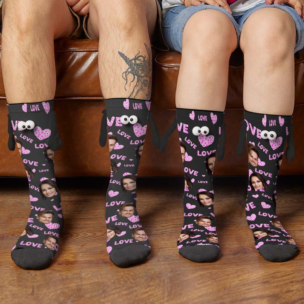 Custom Face Socks Funny Doll Mid Tube Black Socks Magnetic Holding Hands Socks Pink Love Valentine's Day Gifts - PhotoBoxer