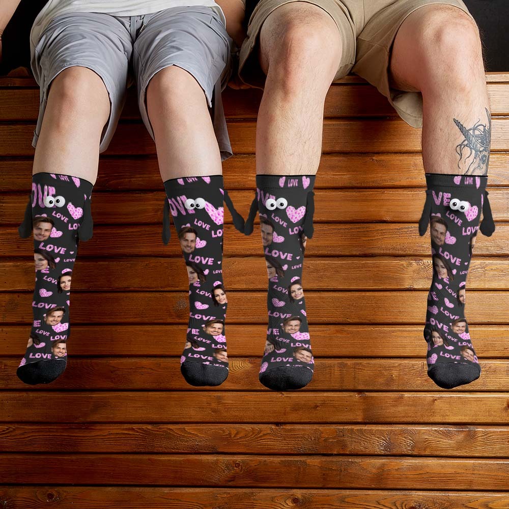 Custom Face Socks Funny Doll Mid Tube Black Socks Magnetic Holding Hands Socks Pink Love Valentine's Day Gifts - PhotoBoxer