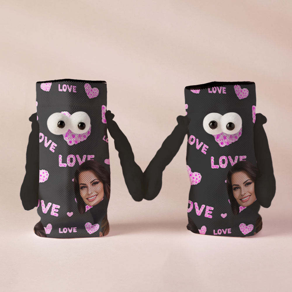 Custom Face Socks Funny Doll Mid Tube Black Socks Magnetic Holding Hands Socks Pink Love Valentine's Day Gifts - PhotoBoxer