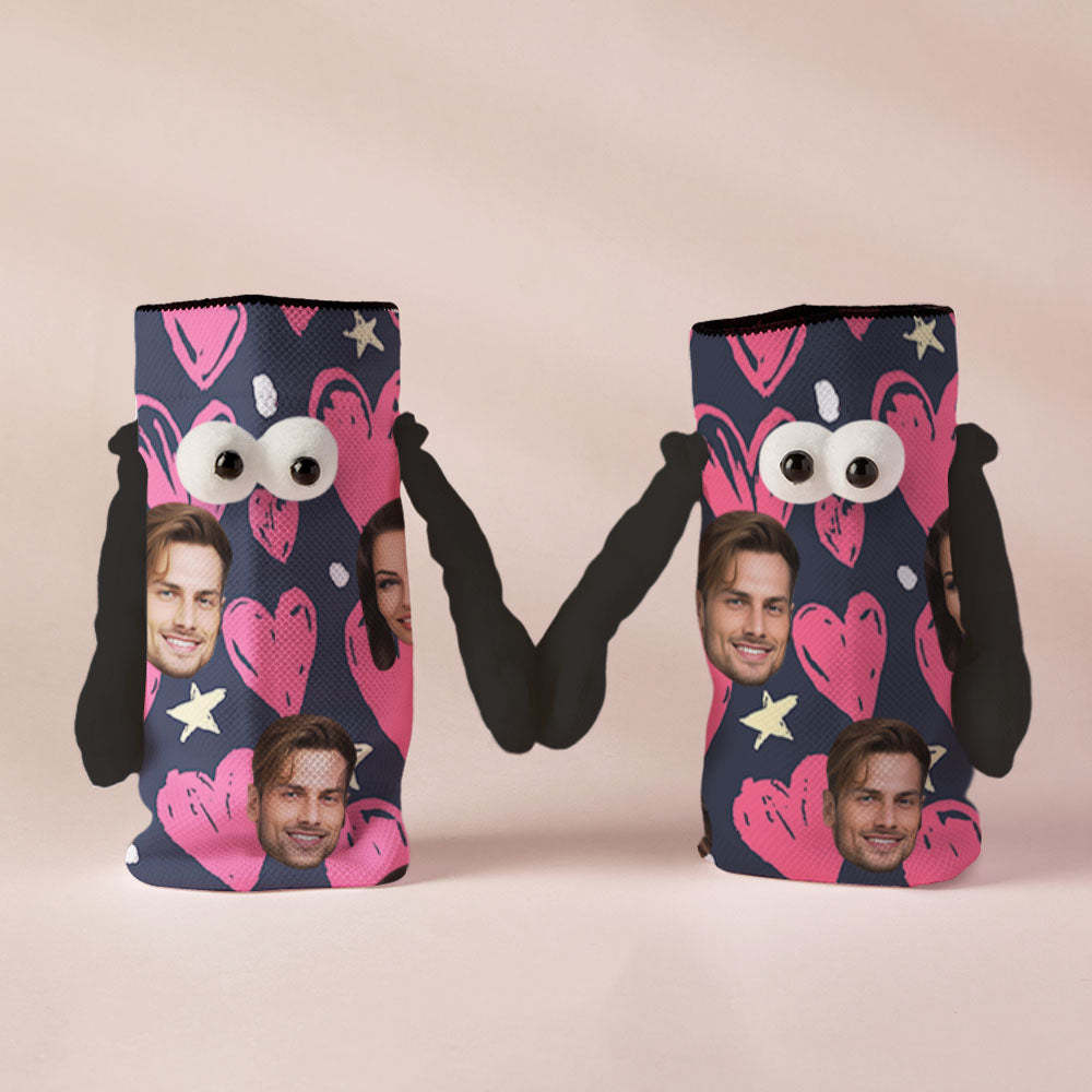 Custom Face Socks Funny Doll Mid Tube Socks Magnetic Holding Hands Socks Happy Valentine's Day - PhotoBoxer