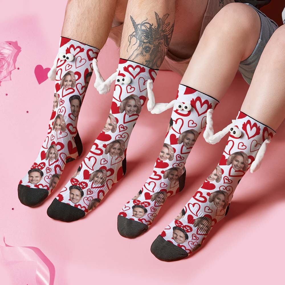 Custom Face Socks Funny Doll Mid Tube Socks Magnetic Holding Hands Socks Red Heart Valentine's Day Gifts - PhotoBoxer