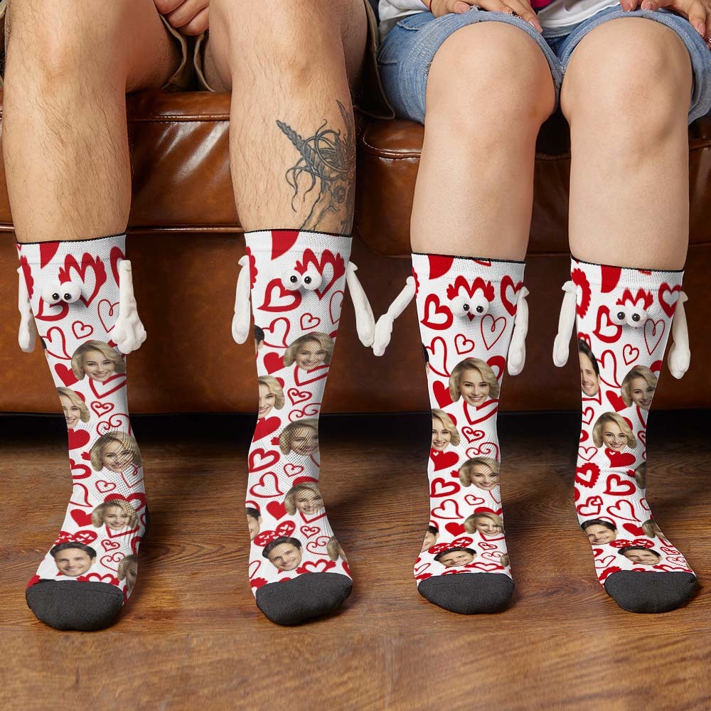 Custom Face Socks Funny Doll Mid Tube Socks Magnetic Holding Hands Socks Red Heart Valentine's Day Gifts - PhotoBoxer