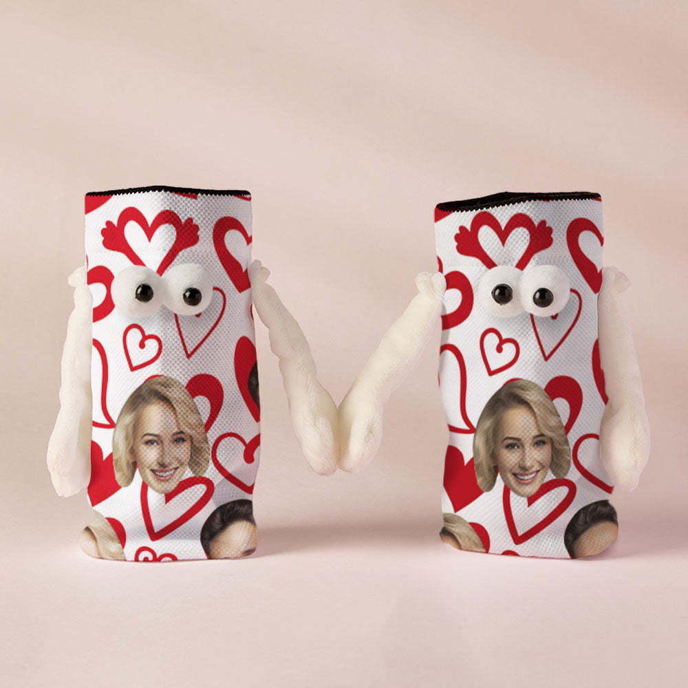Custom Face Socks Funny Doll Mid Tube Socks Magnetic Holding Hands Socks Red Heart Valentine's Day Gifts - PhotoBoxer