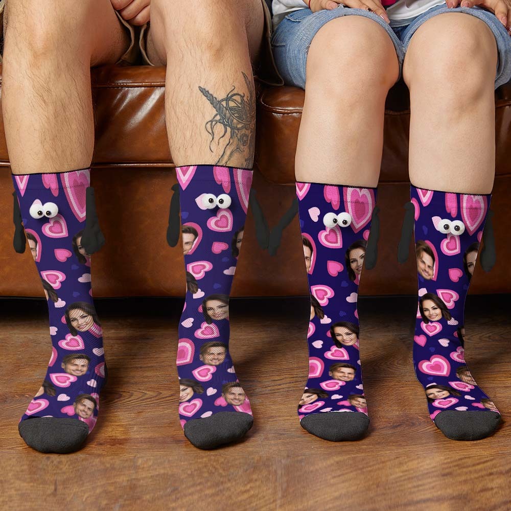 Custom Face Socks Funny Doll Mid Tube Purple Socks Magnetic Holding Hands Socks Pink Heart Valentine's Day Gifts - PhotoBoxer