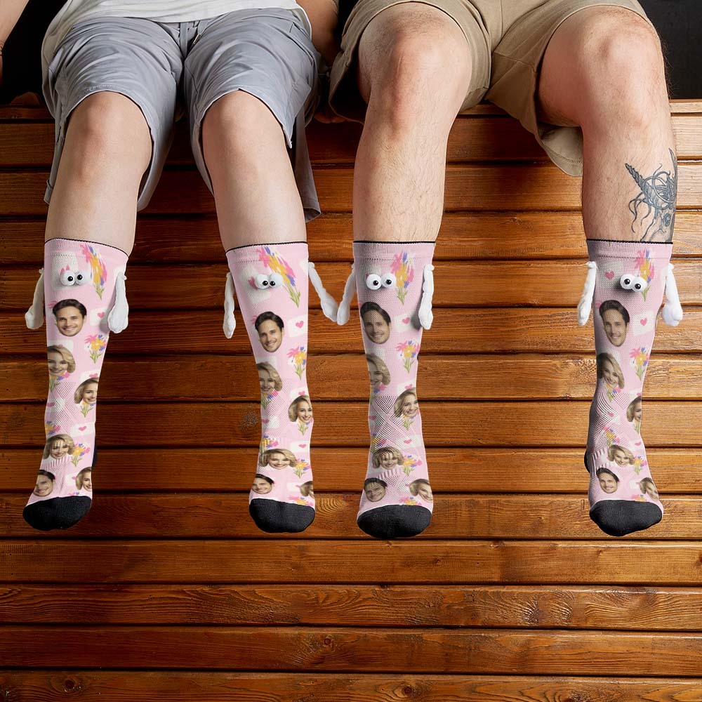 Custom Face Socks Funny Doll Mid Tube Socks Magnetic Holding Hands Socks Flower Valentine's Day Gifts - PhotoBoxer