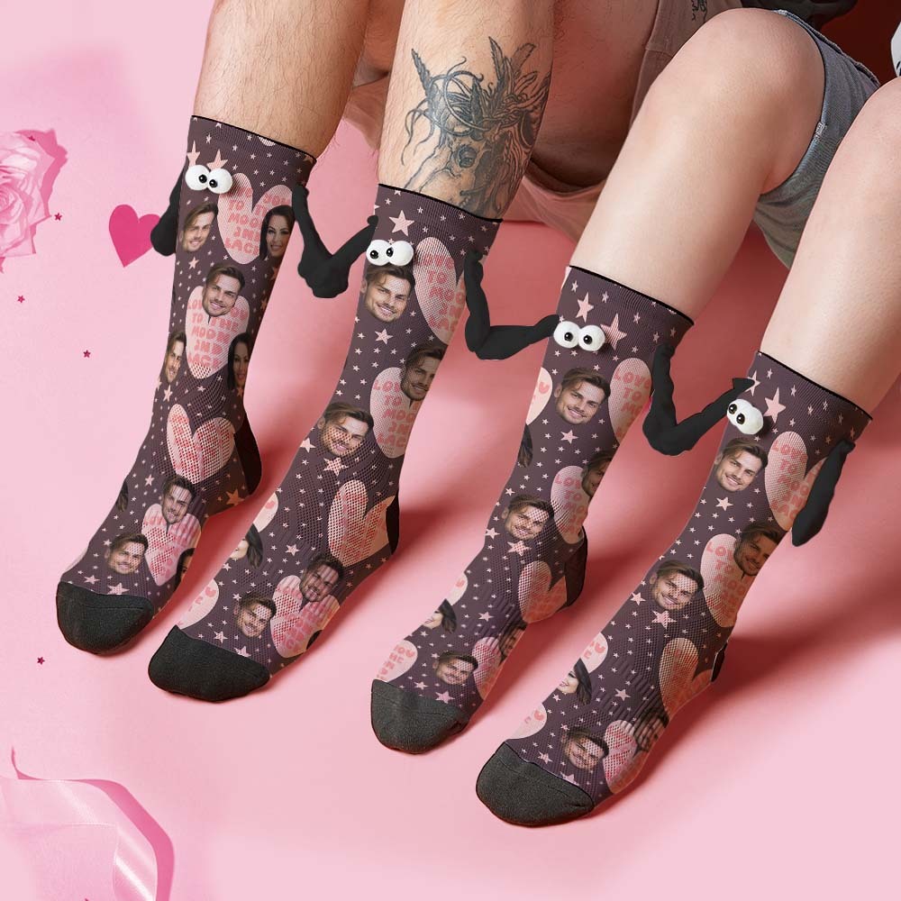 Custom Face Socks Funny Doll Mid Tube Socks Magnetic Holding Hands Socks Love You to The Moon And Back Valentine's Day Gifts - PhotoBoxer