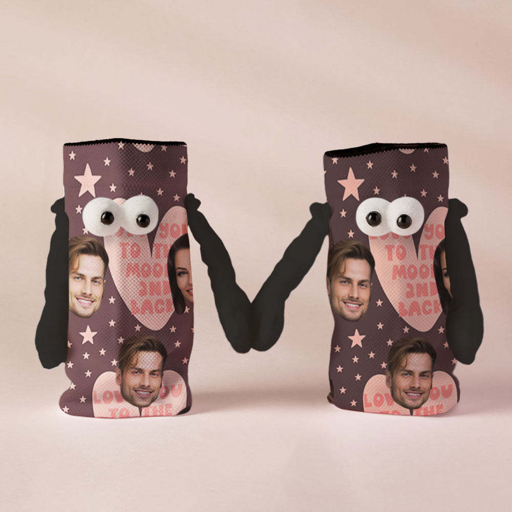 Custom Face Socks Funny Doll Mid Tube Socks Magnetic Holding Hands Socks Love You to The Moon And Back Valentine's Day Gifts - PhotoBoxer
