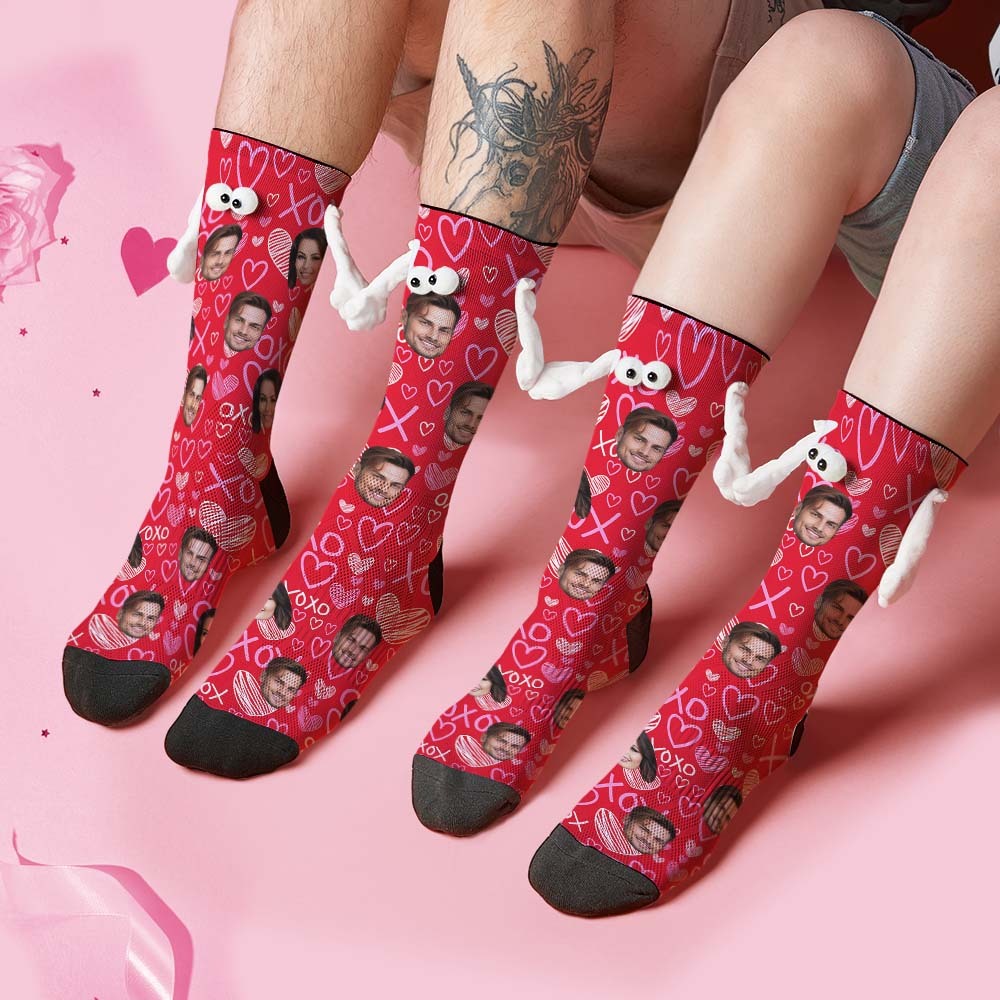 Custom Face Socks Funny Doll Mid Tube Red Socks Magnetic Holding Hands Socks XOXO Valentine's Day Gifts - PhotoBoxer