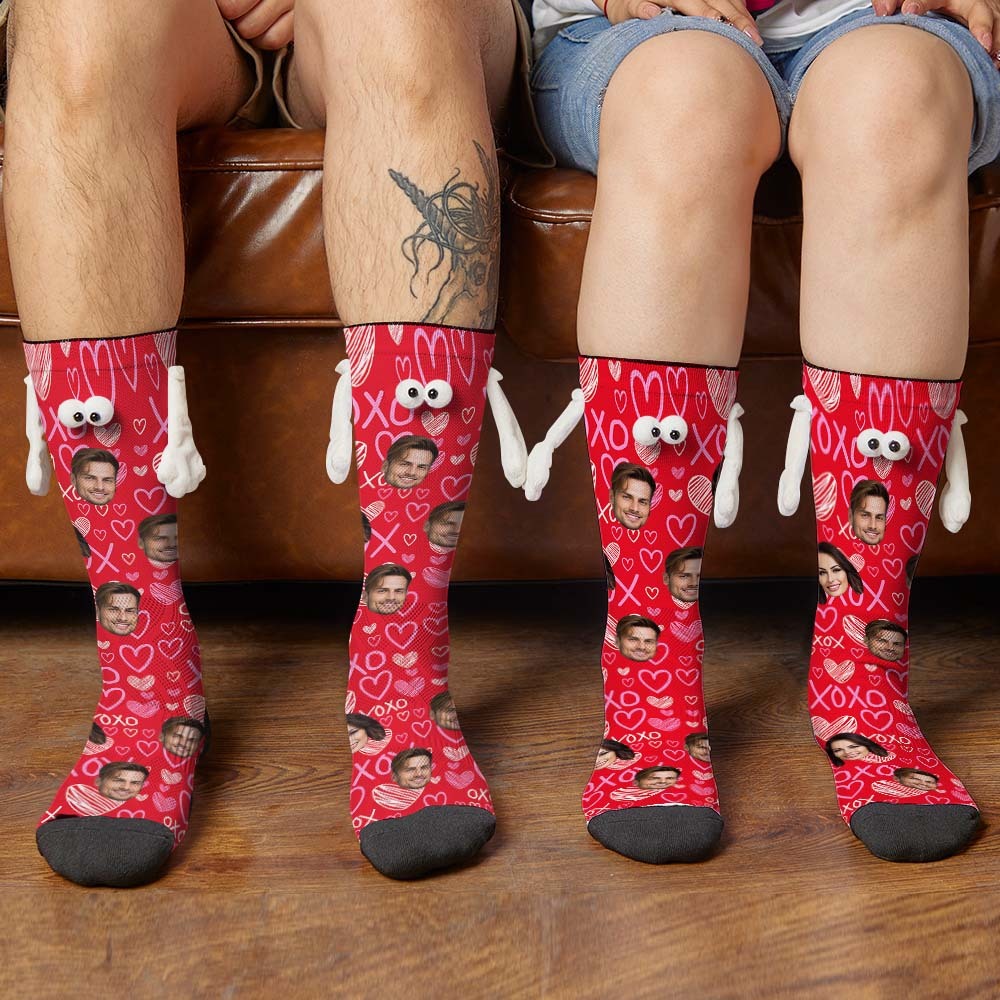 Custom Face Socks Funny Doll Mid Tube Red Socks Magnetic Holding Hands Socks XOXO Valentine's Day Gifts - PhotoBoxer