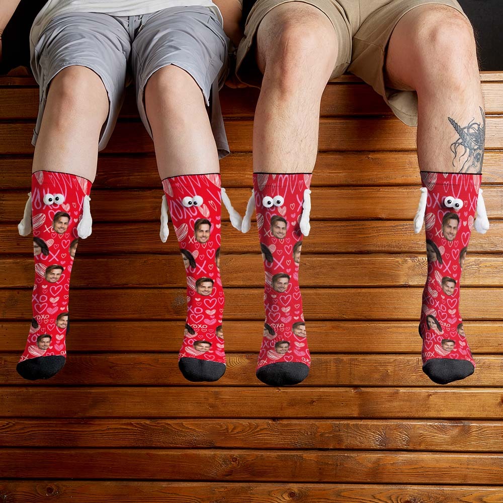 Custom Face Socks Funny Doll Mid Tube Red Socks Magnetic Holding Hands Socks XOXO Valentine's Day Gifts - PhotoBoxer