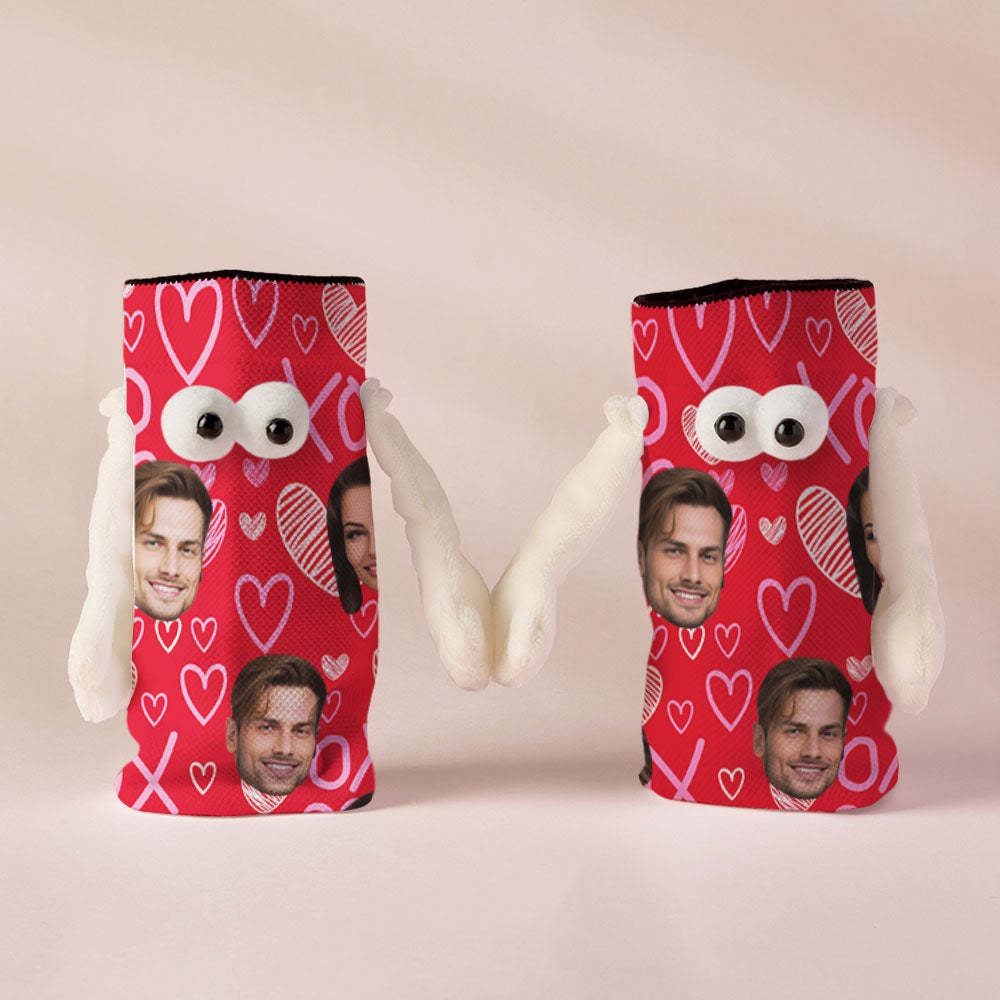 Custom Face Socks Funny Doll Mid Tube Red Socks Magnetic Holding Hands Socks XOXO Valentine's Day Gifts - PhotoBoxer