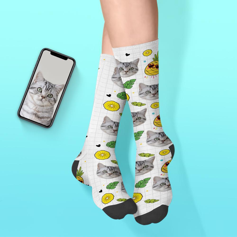 Custom Cat Face Sock Personalized Funny Pineapple Sock with Pet Face - PhotoBoxer