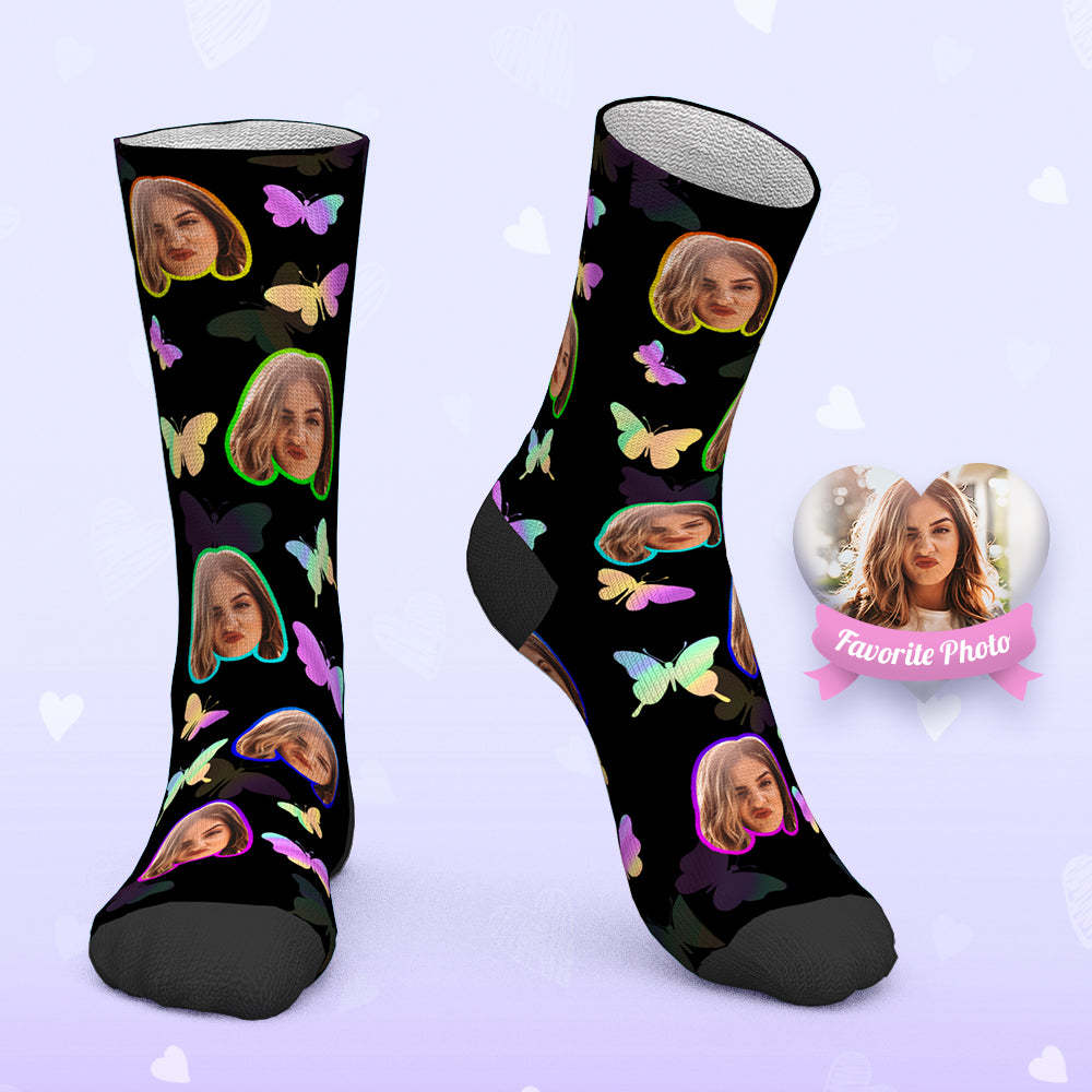 Custom Face Socks Personalized Photo Socks with Text - Colorful Butterfly - PhotoBoxer