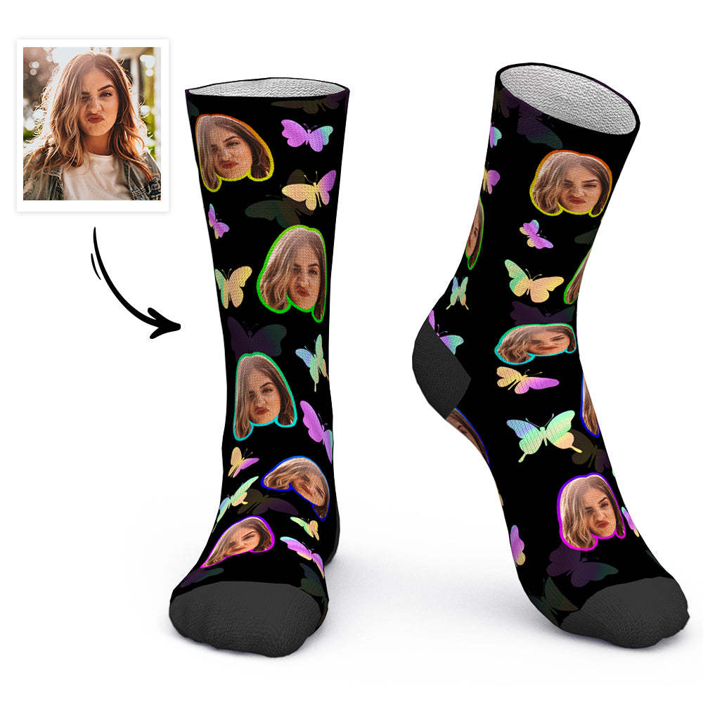 Custom Face Socks Personalized Photo Socks with Text - Colorful Butterfly - PhotoBoxer