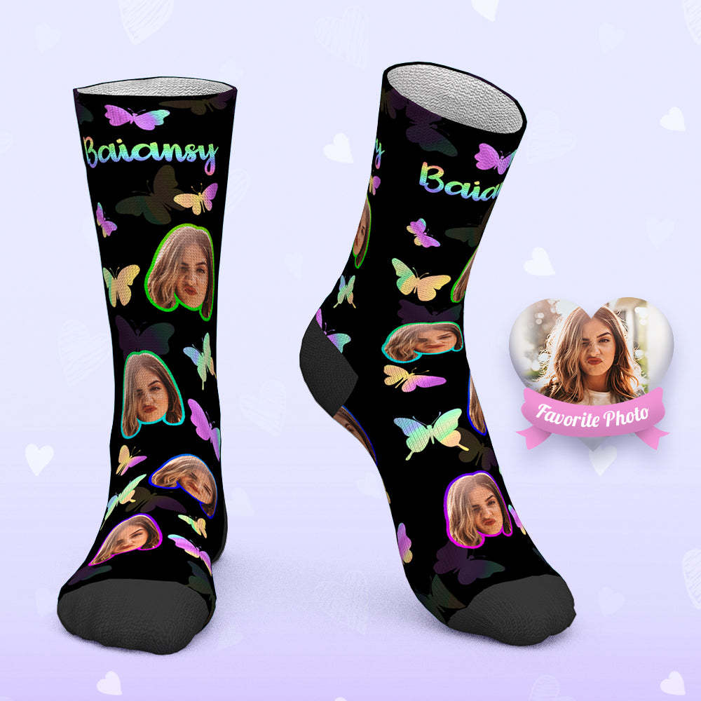 Custom Face Socks Personalized Photo Socks with Text - Colorful Butterfly - PhotoBoxer