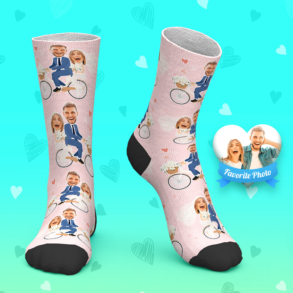 Custom Face Socks Personalized Photo Socks Wedding on Bicycle