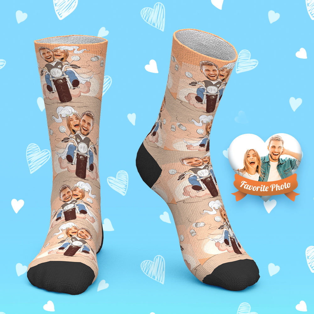 Custom Face Socks Personalized Photo Socks Wedding on a Motorcycle