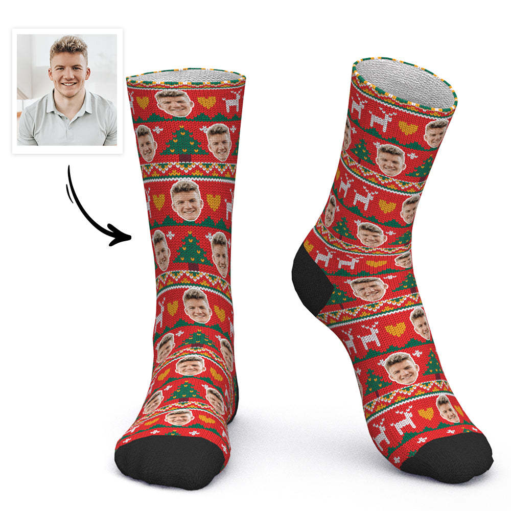 Custom Face Socks Personalized Photo Socks Christmas Gift Santa Socks Christmas Tree - Red - PhotoBoxer