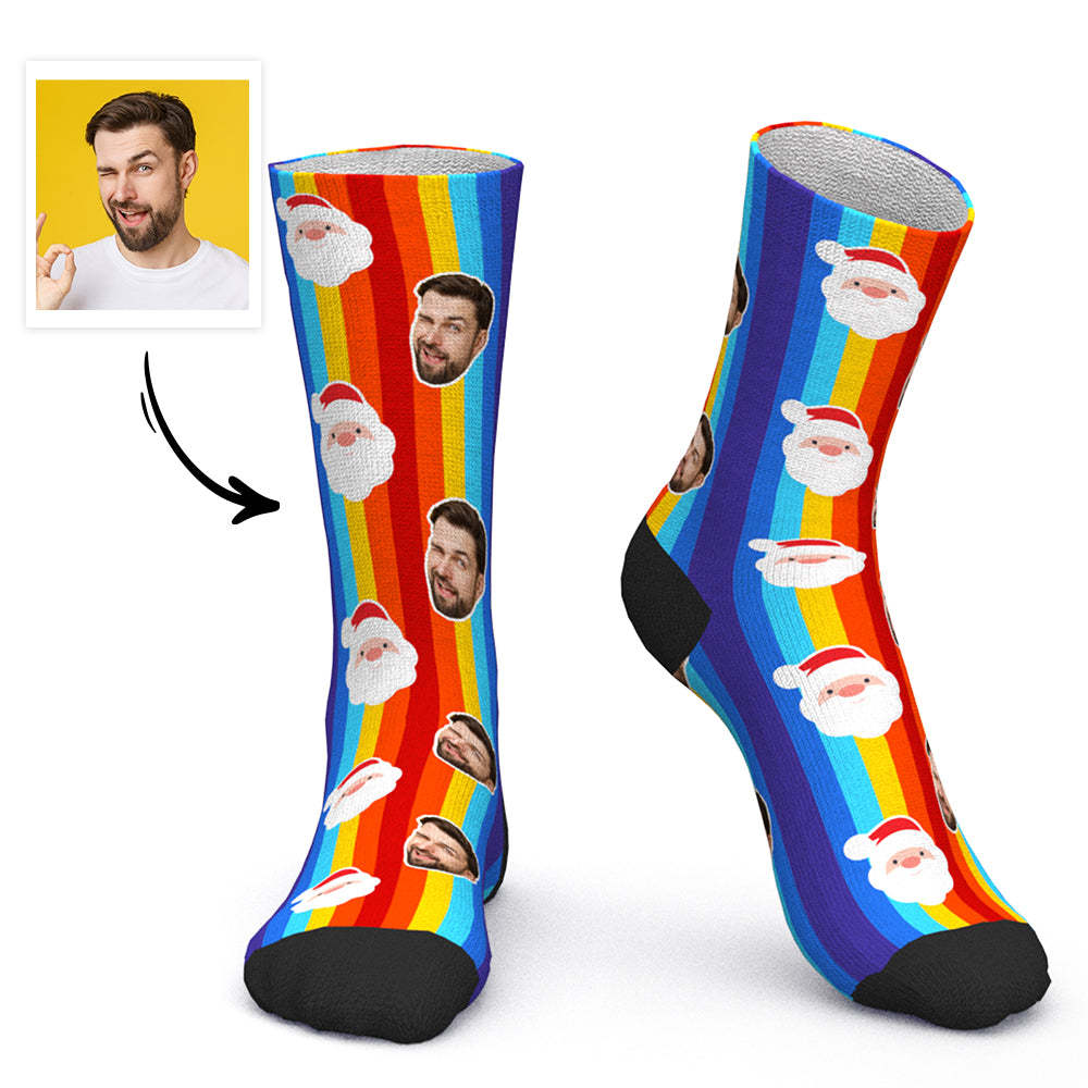 Custom Face Socks Personalized Photo Socks Christmas Gift Santa Socks - Santa Claus and Rainbow - PhotoBoxer