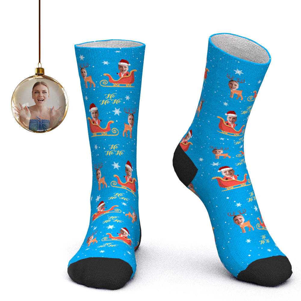 Custom Face Socks Personalized Photo Socks Santa Socks Christmas Gift - Elk Pulling a Sled - PhotoBoxer