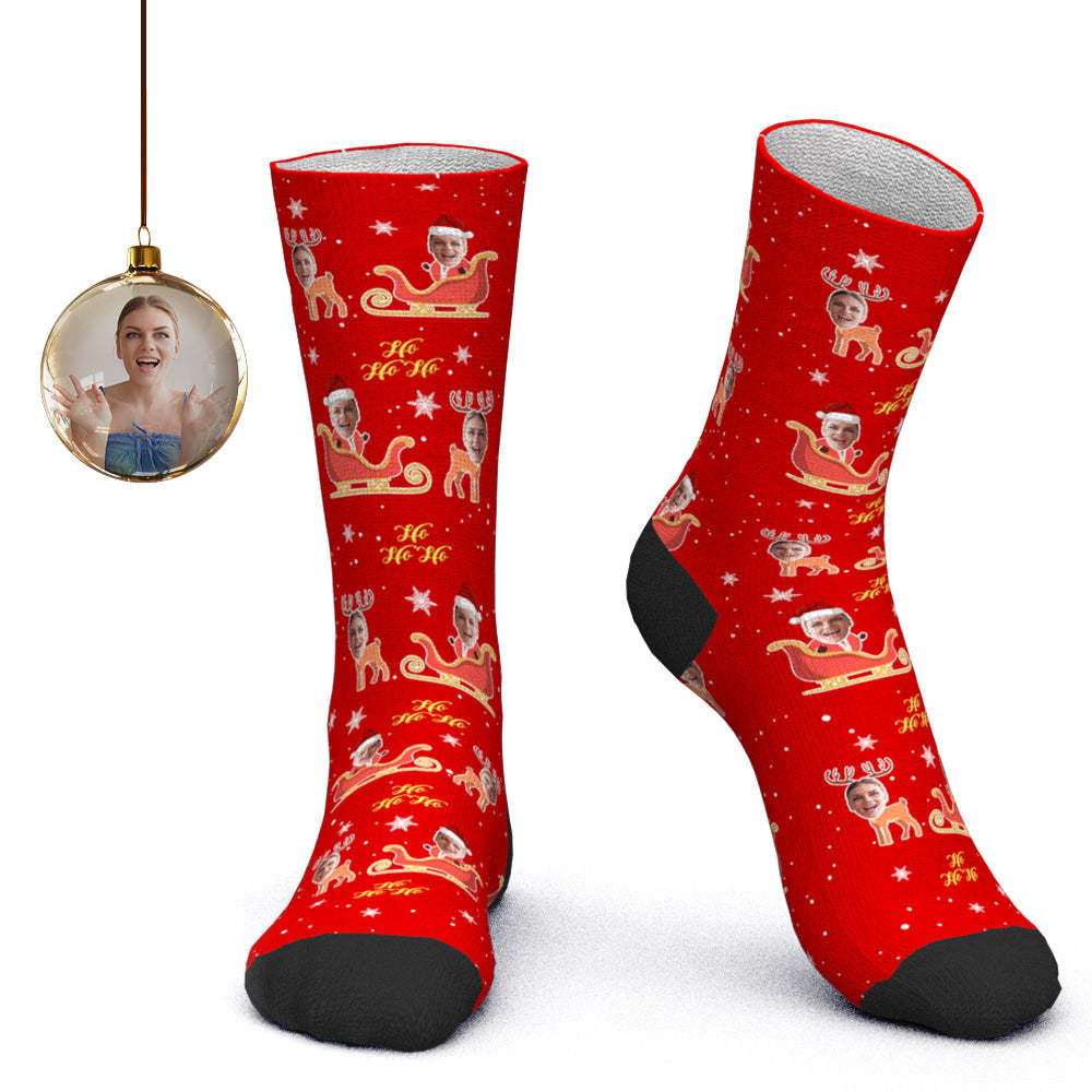 Custom Face Socks Personalized Photo Socks Santa Socks Christmas Gift - Elk Pulling a Sled - PhotoBoxer